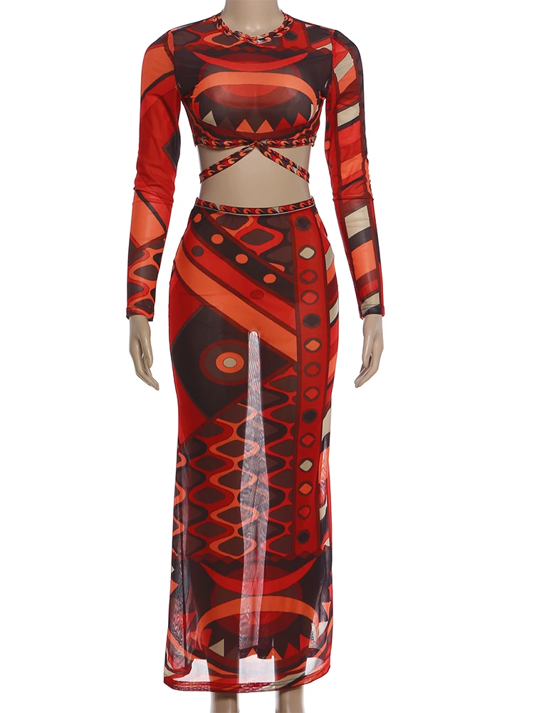 Weird Puss Sexy Creativity Print 2 Piece Set Woman Mesh Patchwork O-Neck Full Sleeve Crop Tops+Skinny Wrap Hip Long Skirts Suits image 6
