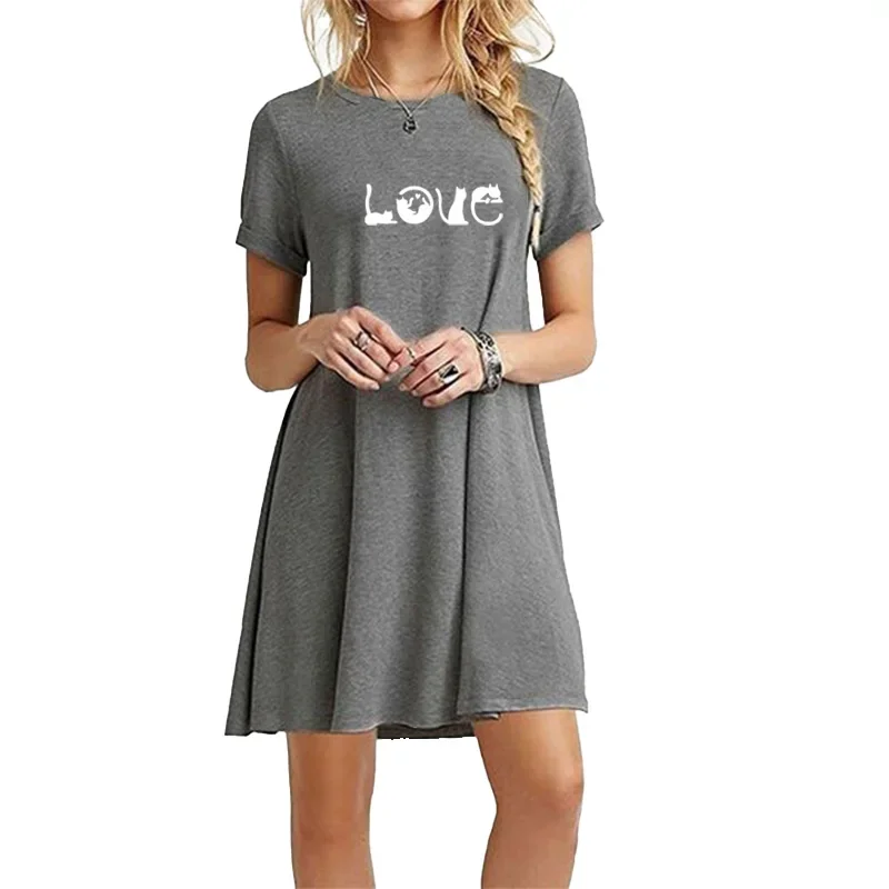 Nuovo vestito donna estate cartone animato lettera d'amore gatto stampato O collo solido t-shirt vestito Sexy Mini abito femminile abbigliamento Casual da spiaggia