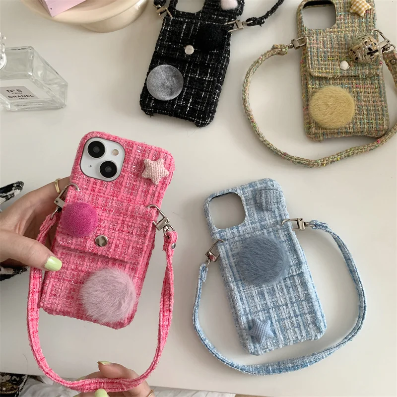 Korean Fall Velvet Phone Case For iPhone 15 Pro 11 12 13 14 Pro Max Cover with Hand Rope Strap Soft Cute Protective Cases Women