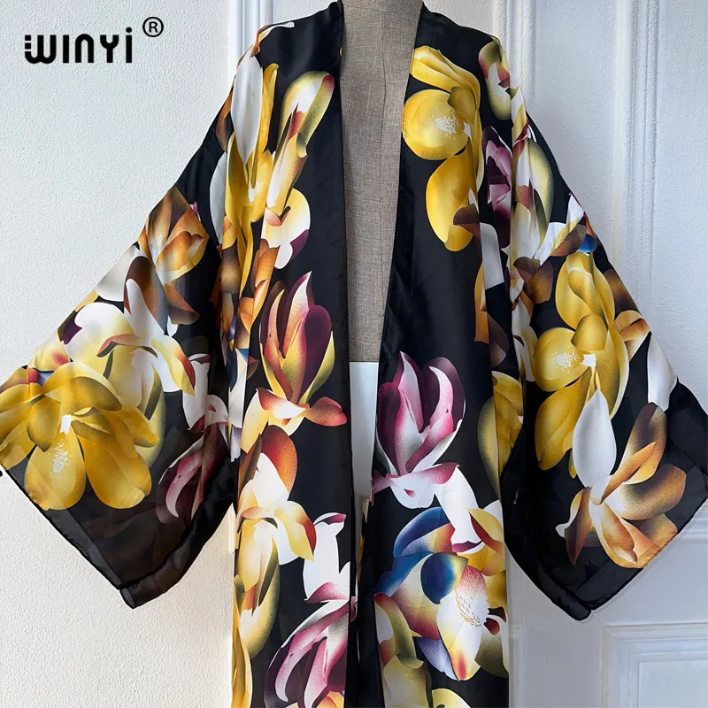 WINYI-Vestido maxi estampado com flores para mulheres, capa de quimono, roupa de verão, cardigans africanos, moda praia, luxo Dubai Abaya, 2021