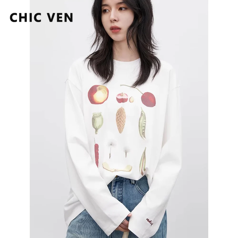 

Женские футболки CHIC VEN: Корейский повседневный стиль, свободный крой, круглый вырез, с принтом, хлопок, длинный рукав, модные топы для женщин, весна-осень 2026
