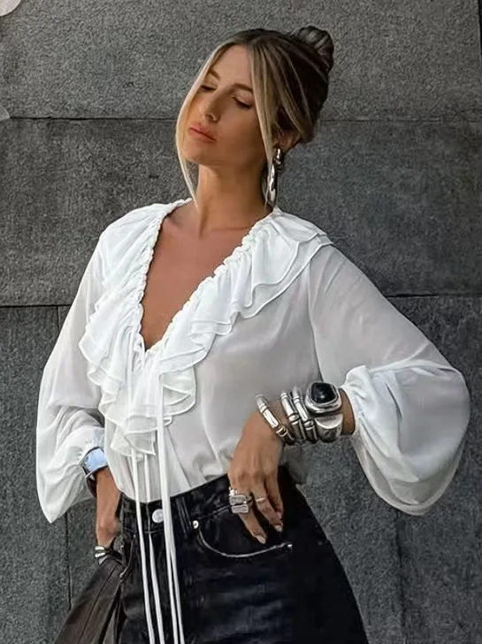 Faionable V-Ne Long Sve irt Loose Lotus Le Diseño con cordones Linterna Sve Casual Commute Sle Ropa de temporada de verano