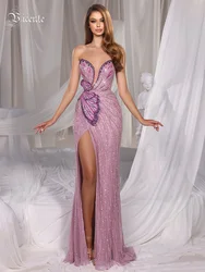 VC Pink Strapless Mermaid Long Dress Pearls Beaded Structured Flower Detail High Split Mesh Patchwork Bodycon Party Evening Gown