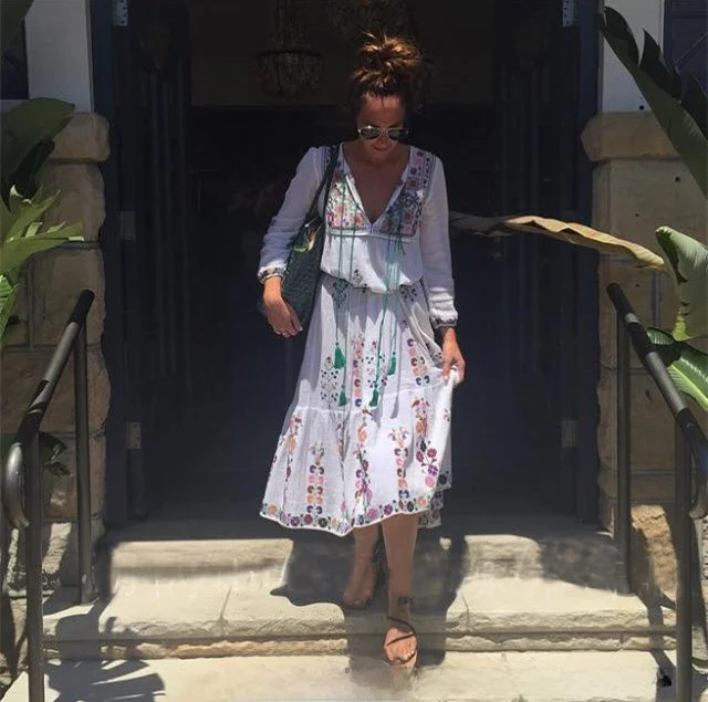 Bohemian Style Cotton Linen Embroidered Flower Long Dress Belted Holiday Vibes Women's Loose Fit V-neck A-line Skirt Dress