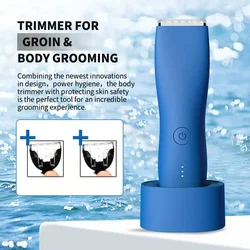 Blue Body Hair Trimmer Shaver for Men, Ball Trimmer for Groin/Pubic with Charging Dock,Ceramic Blade Body Groomer Electric Razor