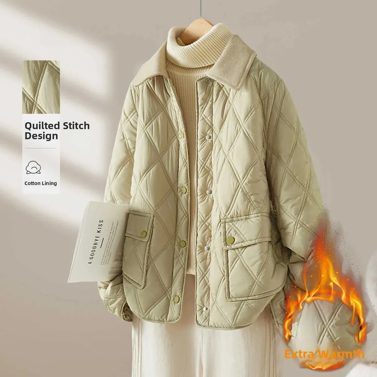Women's Cotton Jacket Quilted Casual Lightweight Diamond Pattern Fall Winter Fashionable Thin Cotton Coat Zipper Closure