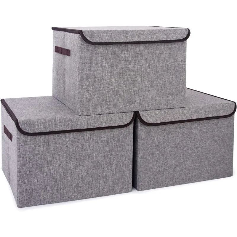 

Large 17" 42 Quarts Collapsible Stackable Storage Bins with Lids [3-Pack] Foldable Fabric Linen Storage Boxes Cube