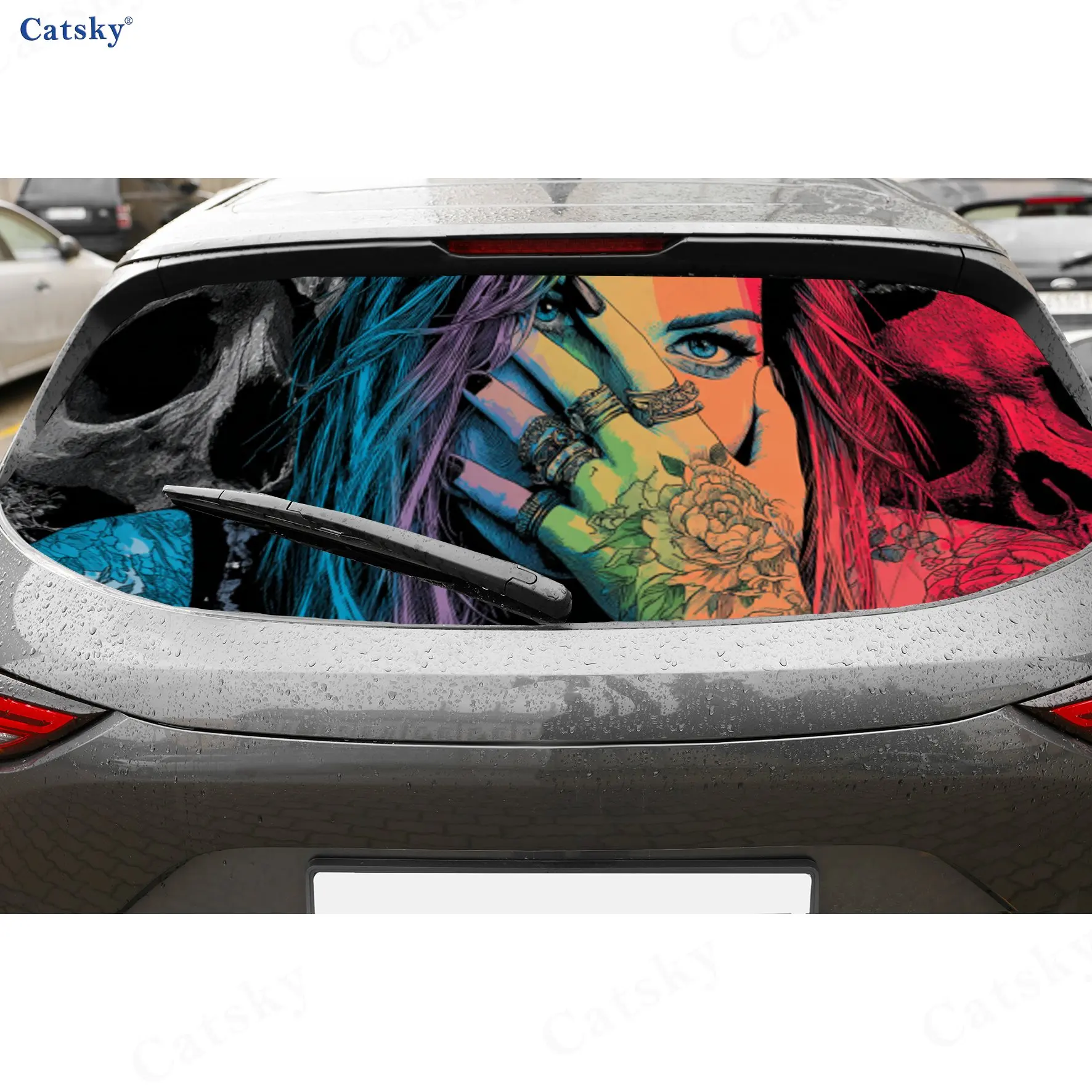 

Rainbow Hair Punk Charm PVC Perforated Car Vinyl Wraps, Durable Car Rear Windshield Sticker, Waterproof Car Rear Window Decal, P