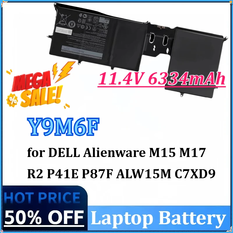 

Новый аккумулятор для ноутбука 11,4 В 6334 мАч Y9M6F 08K84Y для DELL Alienware M15 M17 R2 P41E P87F ALW15M C7XD9 R4958W P41E001 P87F001