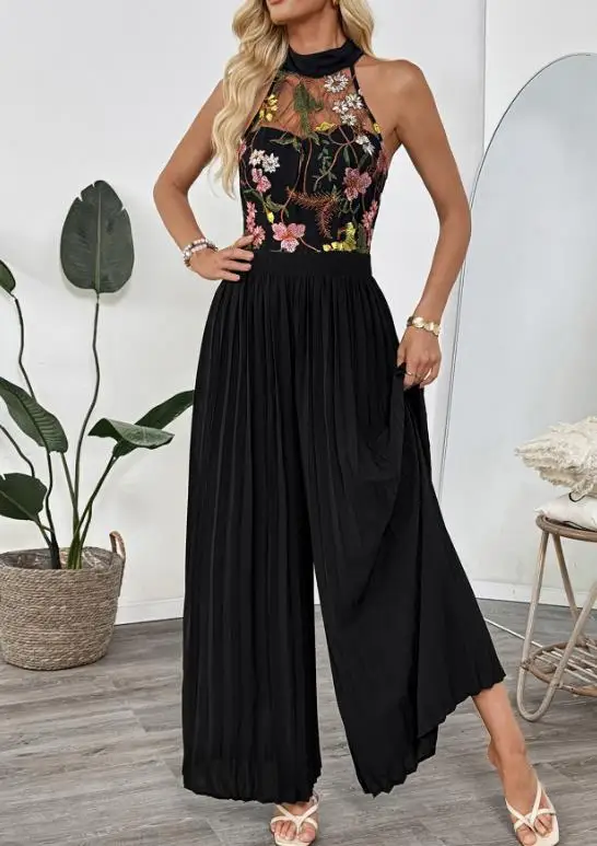 

2026 Summer Sleeveless Perspective Hanging Neck Lace Jumpsuit Embroidered Splicing Hundred Fold Wide Leg Jumpsuit