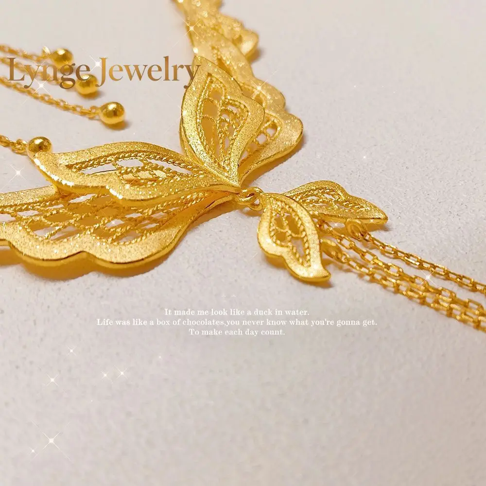 Lynge Jewelry Butterfly Love Necklace 9999 24K Real Gold Niche Fashion Exquisite Hollow Retro Fashion Versatile Versatile Neckla