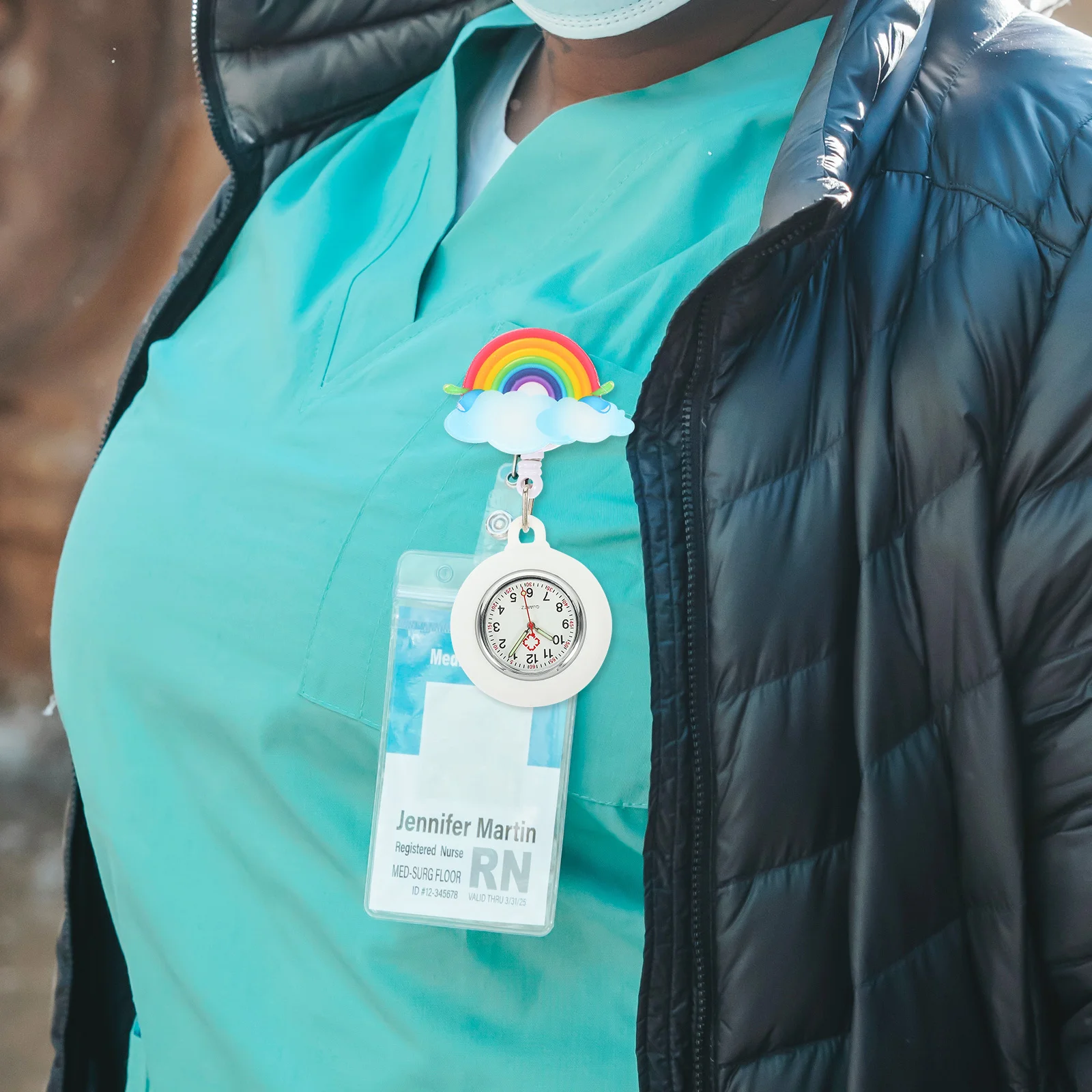 

Portable Retractable Rainbow Nurse Watch Waterproof Silicone Cover Large Face Clip on Badge Watch for Women