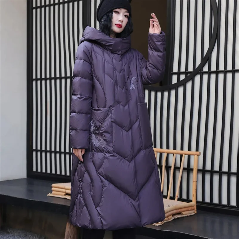 Winter Women Slim Down Coats Remove Hooded Parka Solid Color Female Long Light Thin Outerwear Lady Fashion Warm Puffer Jackets