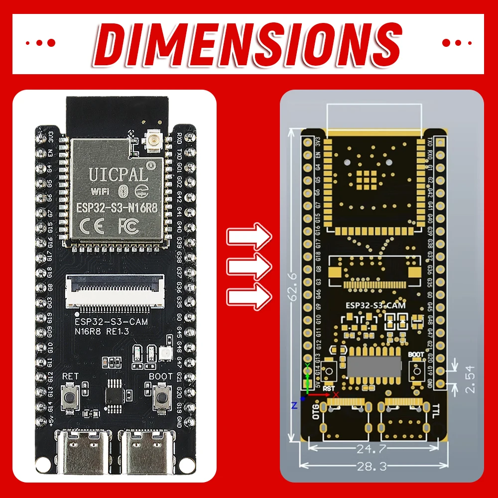 ESP32 S3 Development Board with 2.4G Wifi Module for Camera Module OV2640 8MB PSRAM 16MB FLASH ESP32 S3 N16R8 CAM Type-C
