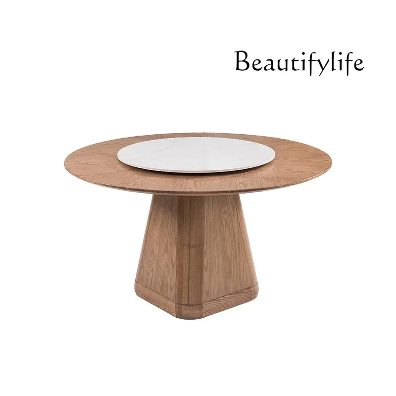 Solid wood dining table and chairs simple modern combination with turntable rock slab round table