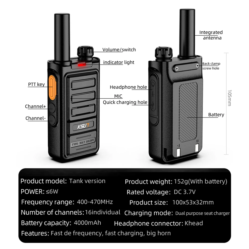 KSUN 5 km Long Range Talkie Walkies Type-C 4000mAh Quick Pairing & Decoding 2 Way Radios for Hiking Camping