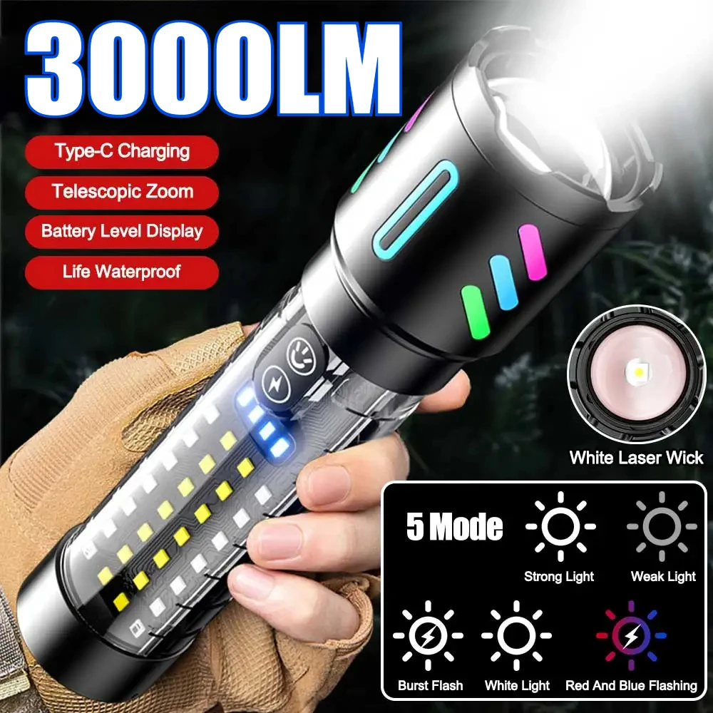 Ultra Bright LED Flashlight Rechargeable Aluminum Alloy White Laser Torch Portable Lighting Work Lamp with Fluorescent Strip