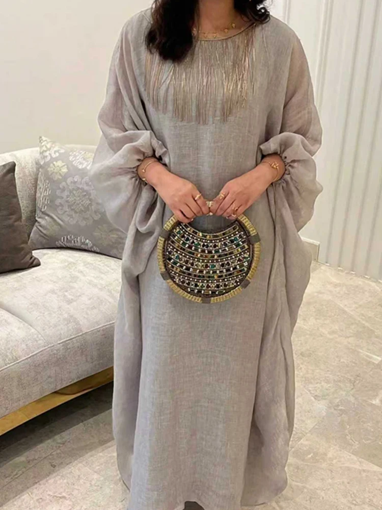 Elegancka jesienna sukienka z frędzlami z bawełny i lnu, wiosenna moda, luźna sukienka typu robe z dekoltem w serek, damska codzienna sukienka z rękawami nietoperzowymi, długa sukienka w jednolitym kolorze.