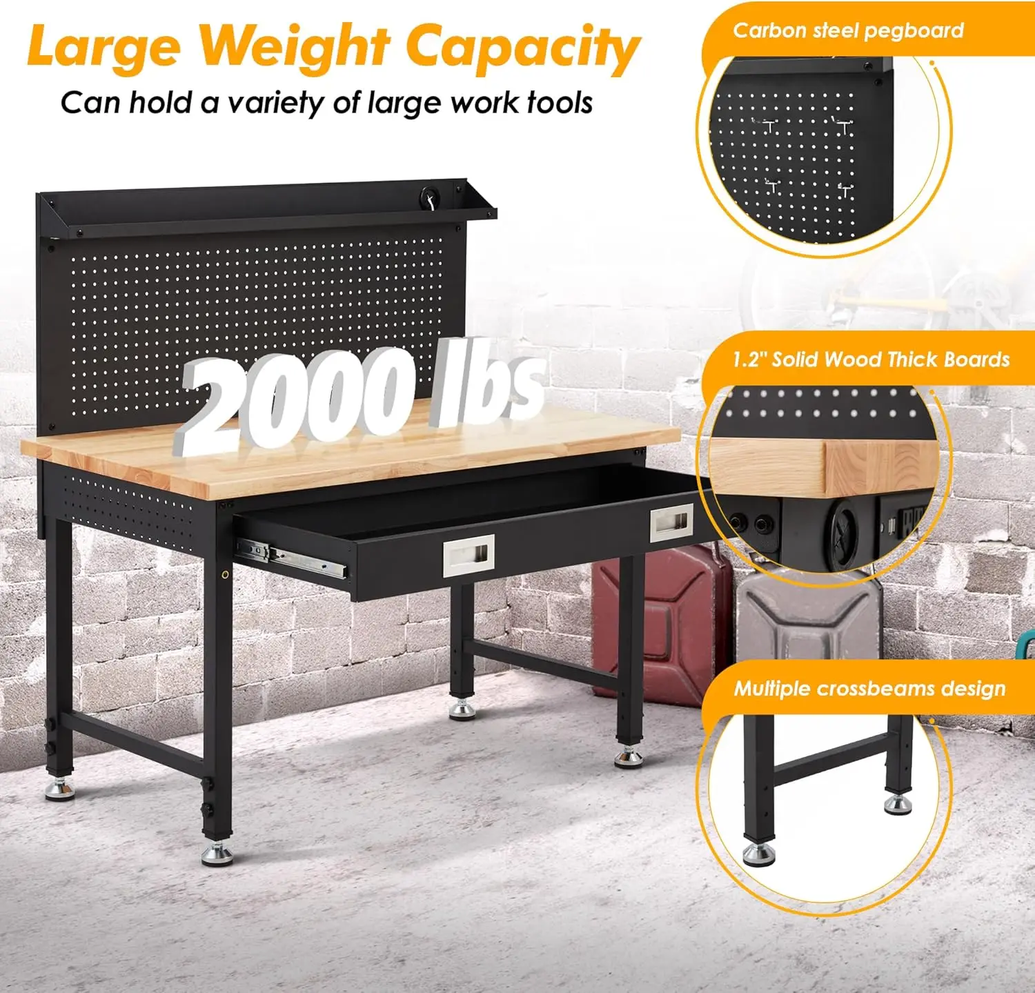 Établi de table en bois dur à cadre métallique avec rangement, garage avec égouts de proximité, capacité de poids de 2000 lb, 49.5 po-61 po