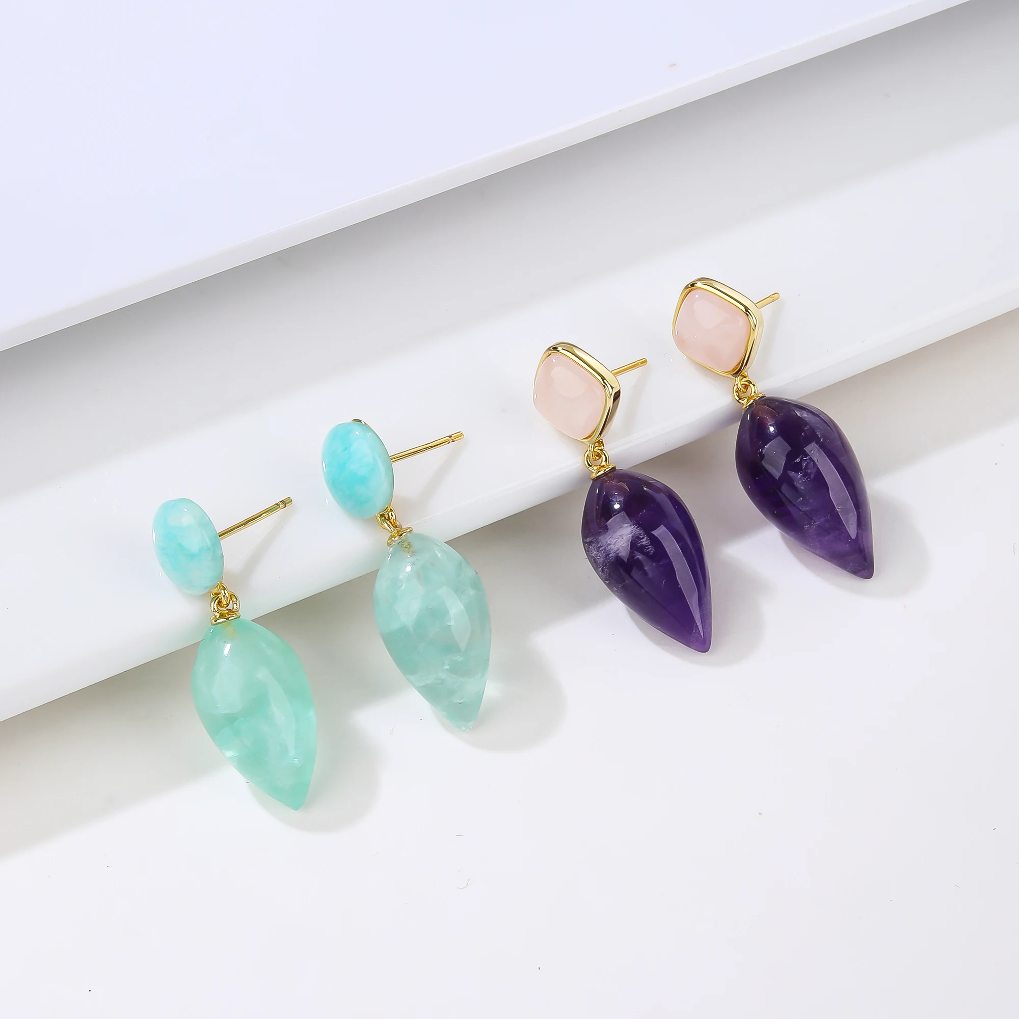 

Hight Quality Natural Green Fluorite Amethyst Teardrop Dangle Earrings Fashionable Gemstone Jewelry