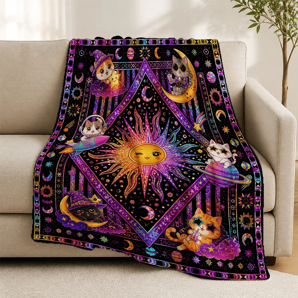 Boho Cosmic Cat Throw Blanket Astrology Zodiac Celestial Sun Moon Picnic Lap Cover Cozy Home Decor Gift Retro Aesthetic Plush Bl