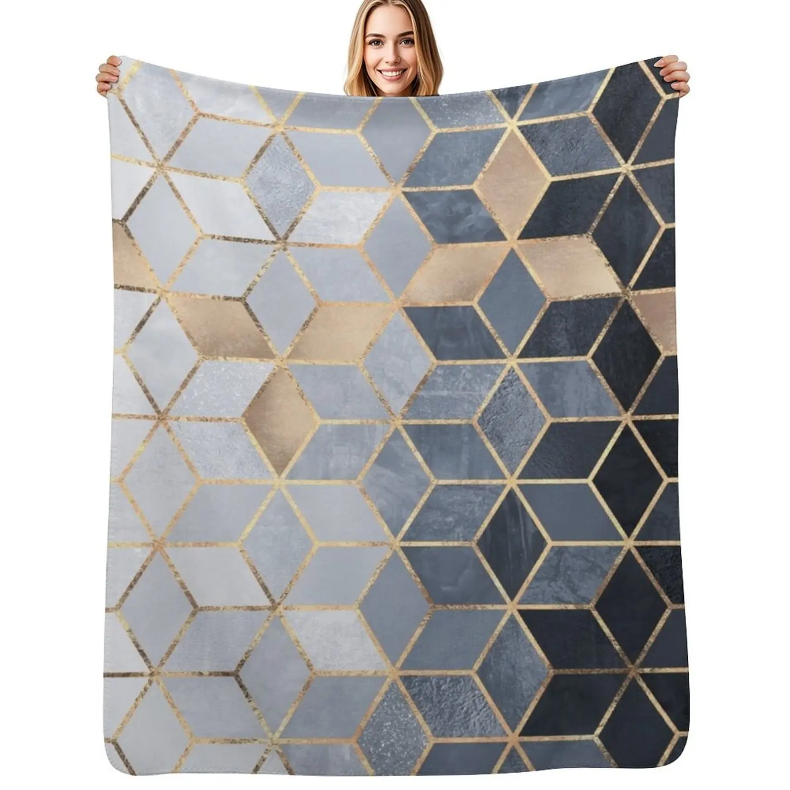 

Soft Blue Gradient Cubes Throw Blanket Decorative Sofa Flannels Soft Plaid blankets and throws Blankets
