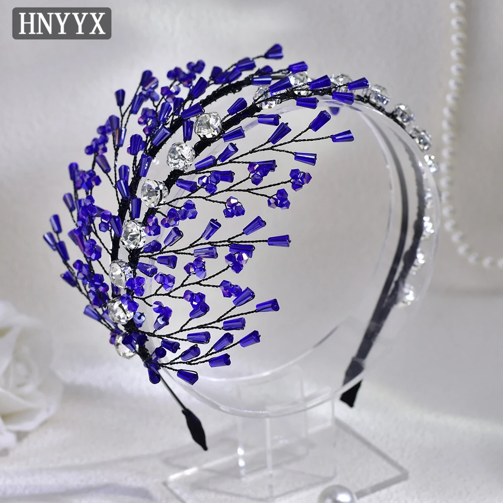 HNYYX Blue Rhinestone เจ้าสาวคริสตัลอุปกรณ์เสริมผมผู้หญิง Headdress คริสตัลงานแต่งงาน Headpiece ผม Band A282