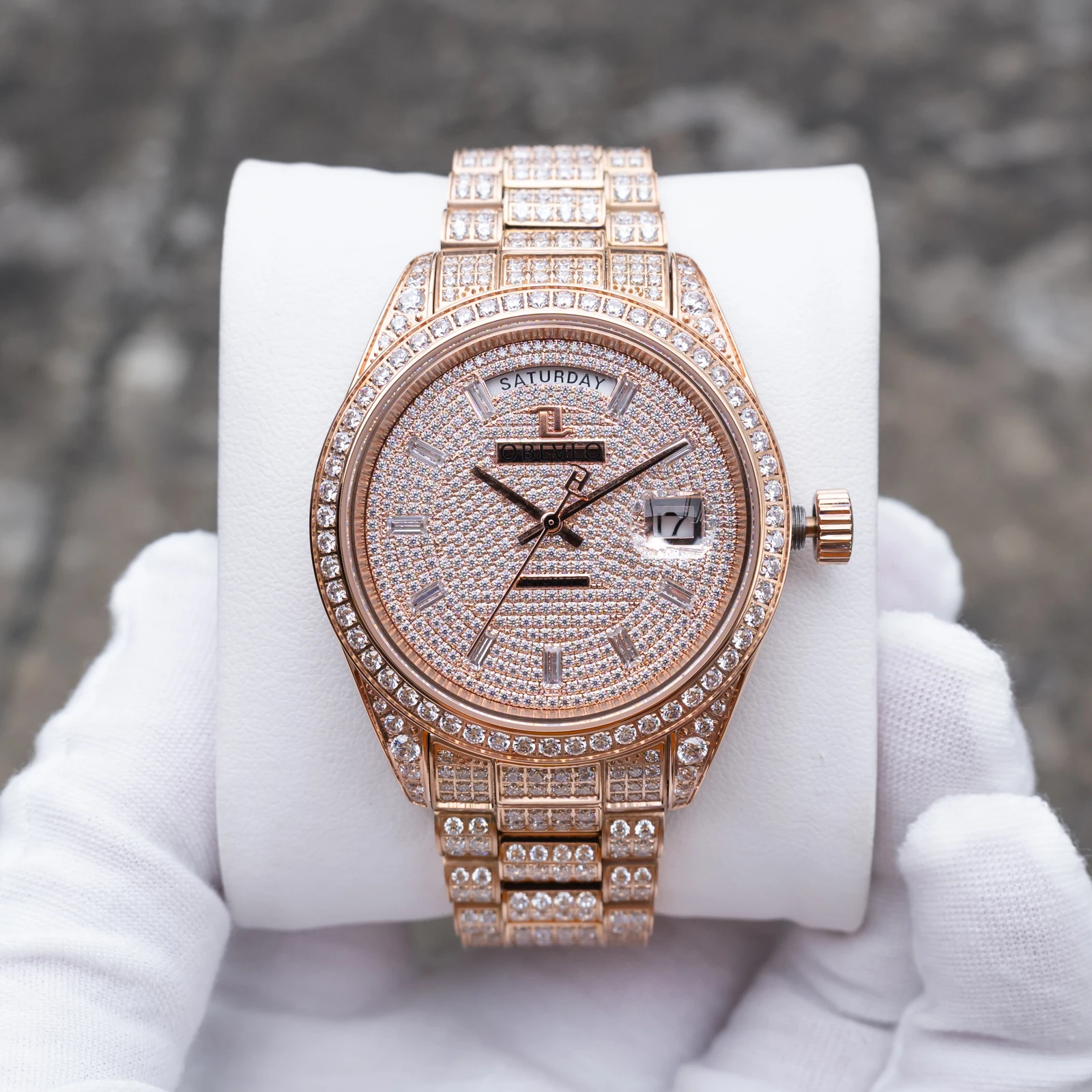 OBLVLO Men's Rose Gold Gemstone Automatic Mechanical Dress Watch Waterproof with Date Display Elegant Crystal Bracelet RX-AD