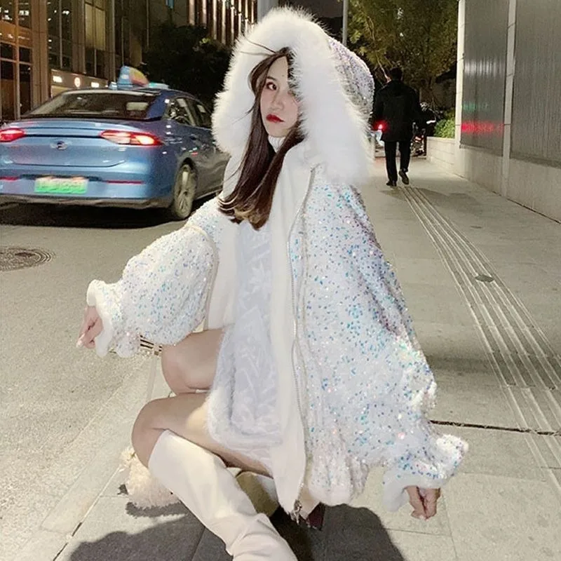 Versatile Wear Girl Style Fur Collar Splicing Sequined Princess Style 2026 Autumn Tide Brand New Loose Dopamine Cotton Clothes