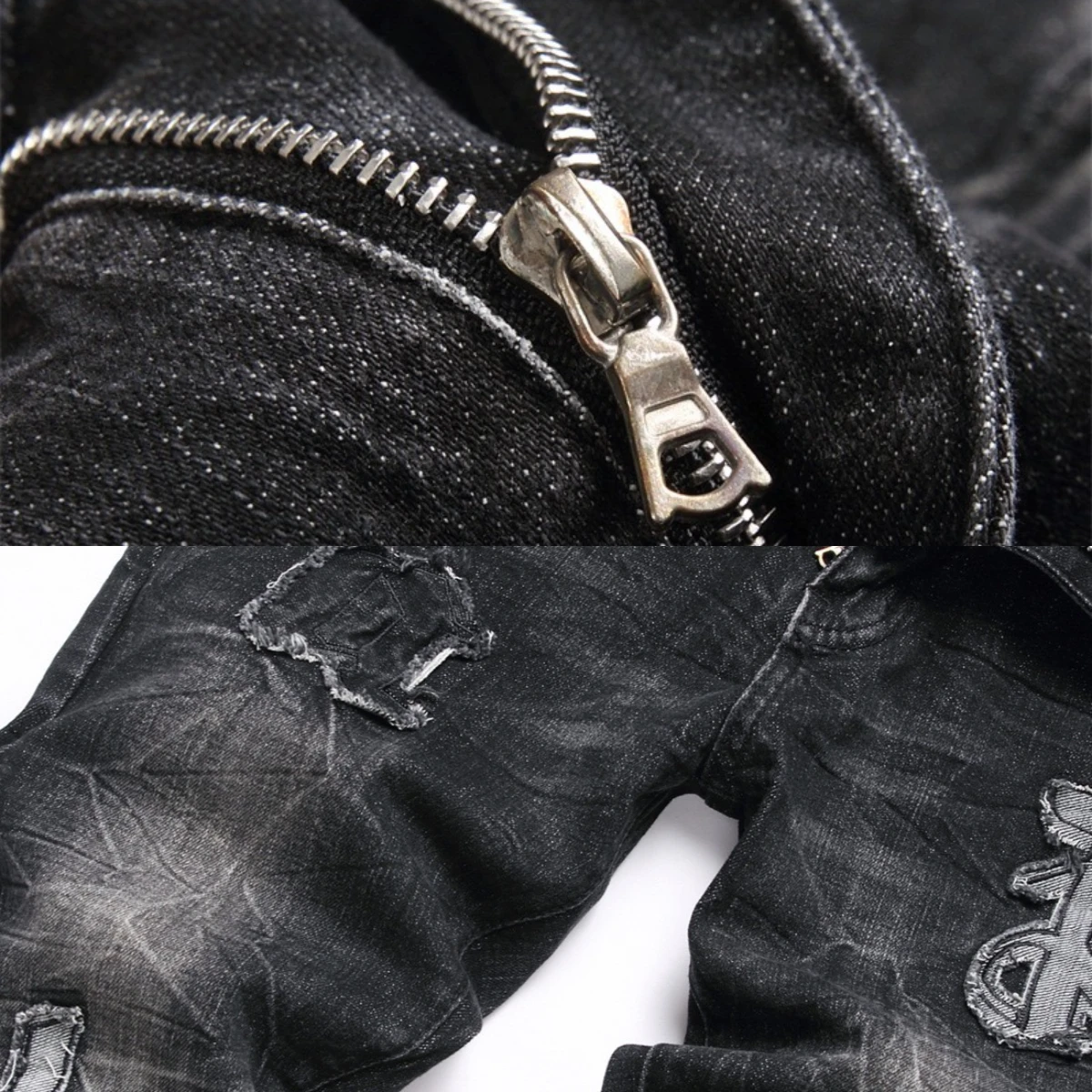 Men's Leopard Pattern Spliced Jeans Pants Badge Embroidery Star 3D Worn Out Zipper Slim Fit Versatile European American Trends24