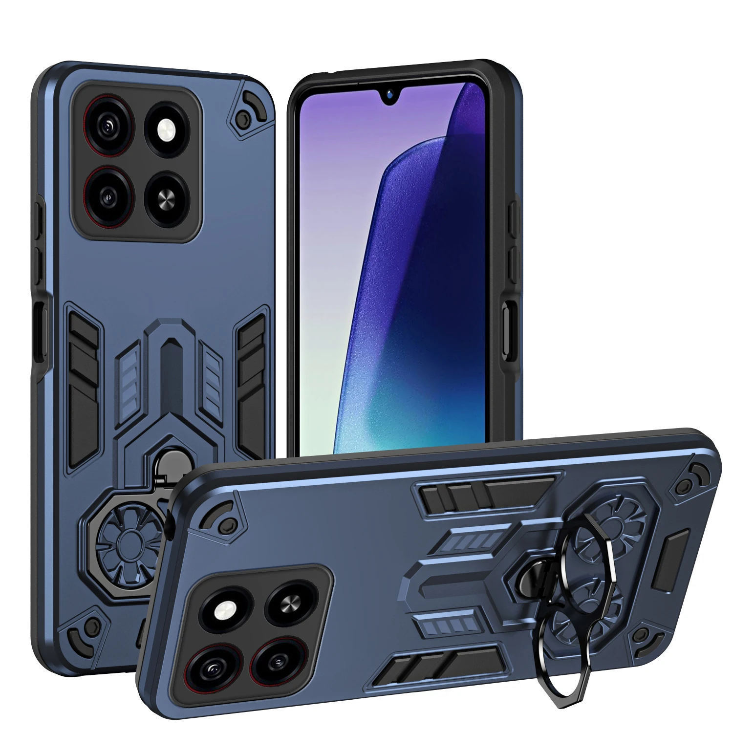 Coque de téléphone robuste anti-chute et anti-rayures pour ZTE Blade A35 360 °   Rotation 180° °   Coque arrière avec béquille métallique à anneau rotatif