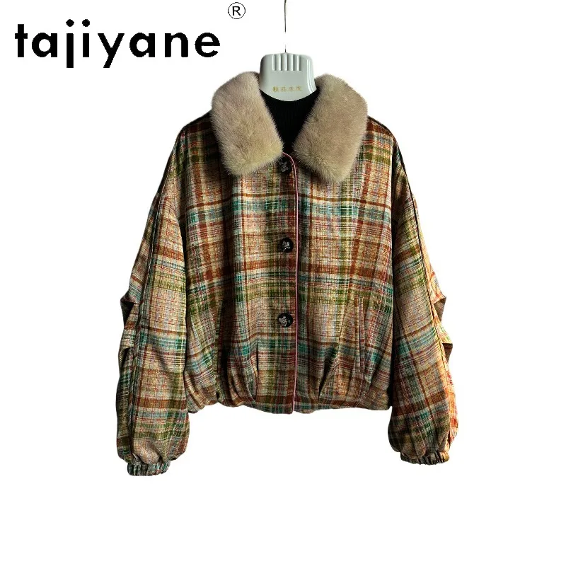 TAJIYANE Mink Fur Collar Goose Down Jacket Woman Short Plaid Puffer Jackets of Woman Stylish Thicken Winter Coat Woman Warm 패딩