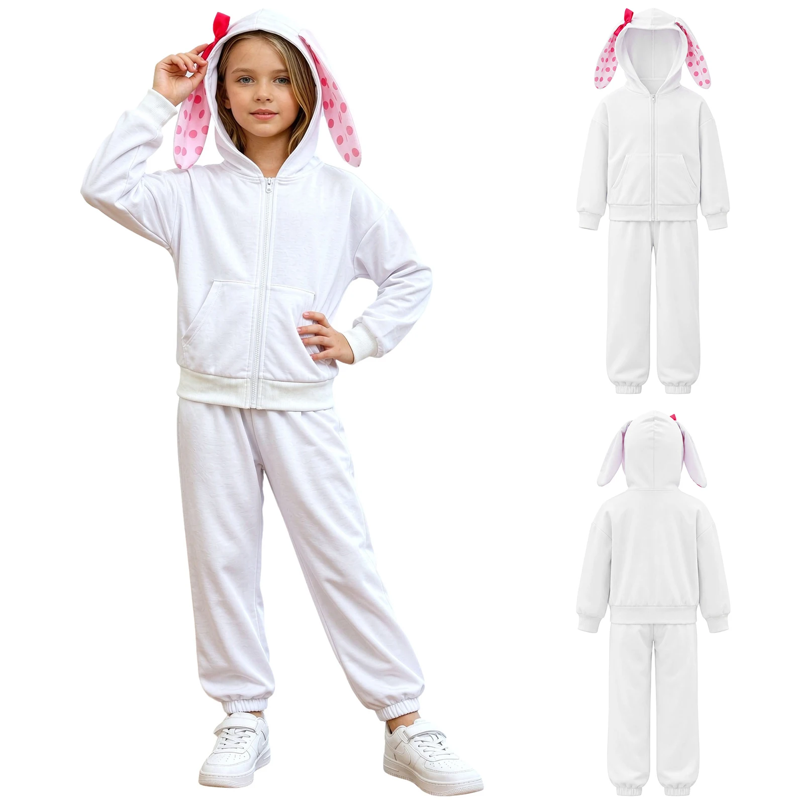 Kids Girls Animal Costume Sports Outfits Long Sleeve Dots Rabbit Ears Hooded Jacket with Pants for Family Gathering Photo Shoot