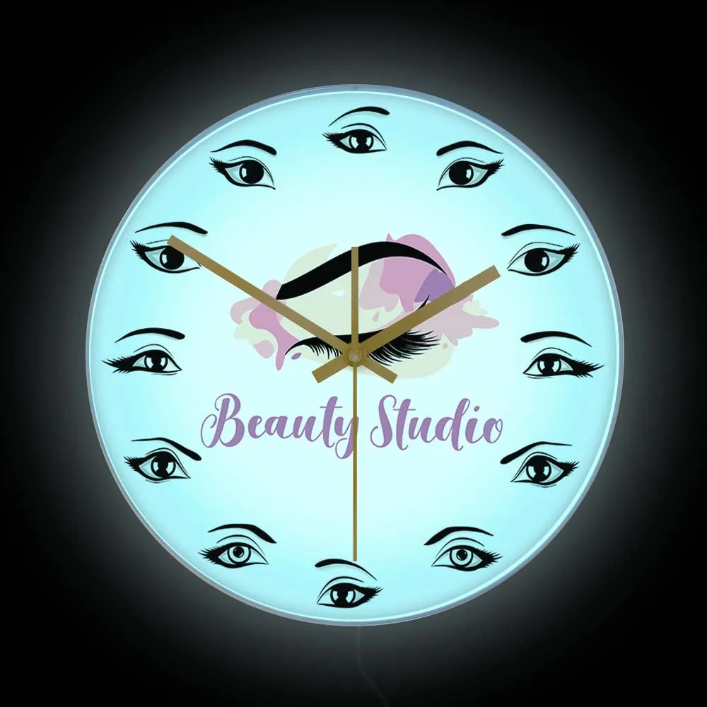 Eyelashes Beauty Studio Decor Wall Clock With LED Backlight Lash And Brow Groomer Salon Makeup Sign Silent Clock For Girl Room