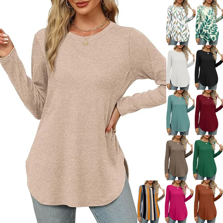 2024 Spring Autumn Women\'s Undershirt Solid Color Long Sleeved Top Round Neck Loose Casual Bottom Shirt Soft Comfy Top Women