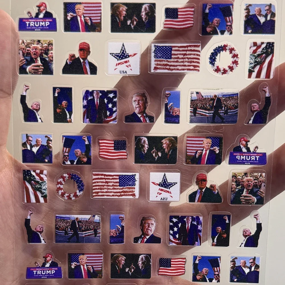 Pegatina de Arte de uñas con patrón de pistola Trump, arte de uñas creativo americano, bandera americana, Patriots, Presidente Trump, pegatinas artesanales, 2024