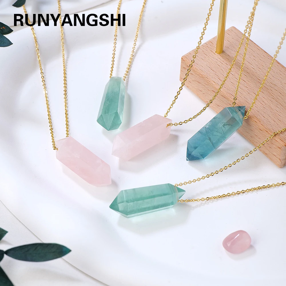 1PC Natural Rose Quartz Fluorite Crystal Double Point Pendant Healing Crystals Necklaces