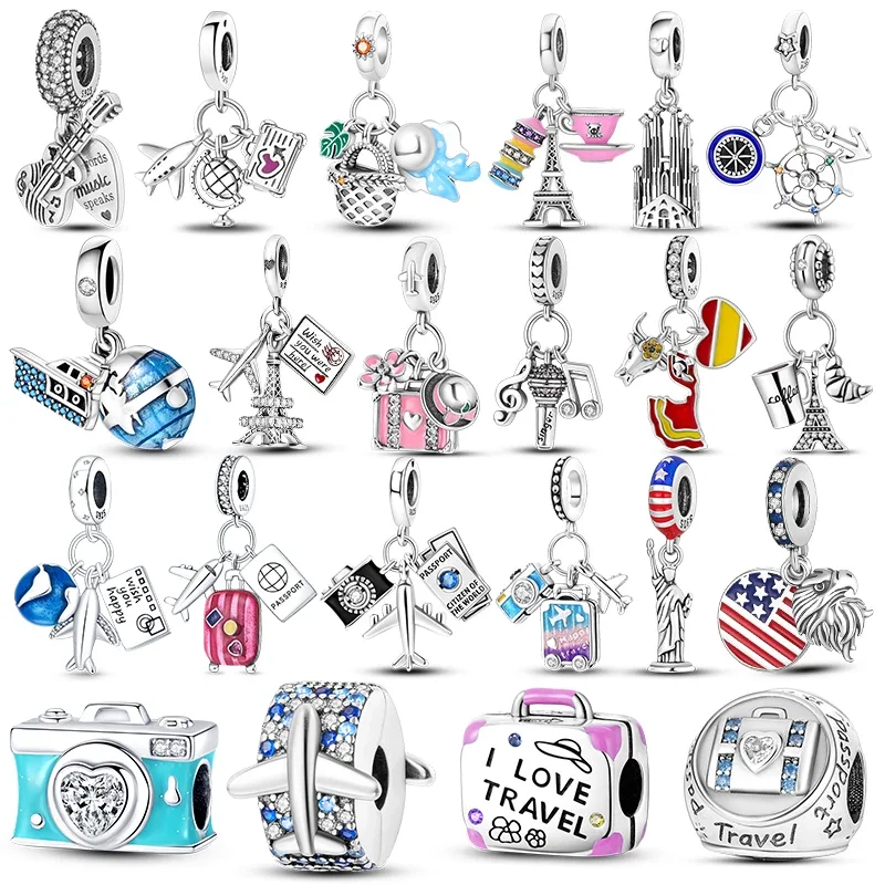 925 Sterling Silver Travel Passport Trunk Charms Fit Original Bracelet Diy Airplane Earth Beads for Jewelry Making Gift