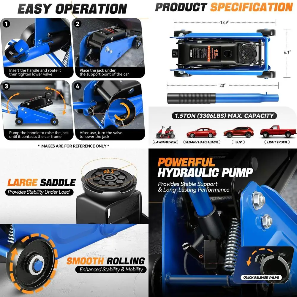

1.5 Ton Heavy Duty Steel Hydraulic Car Lift Jack with Single Piston Pump, Blue, 5.5-15.35 Lift Range