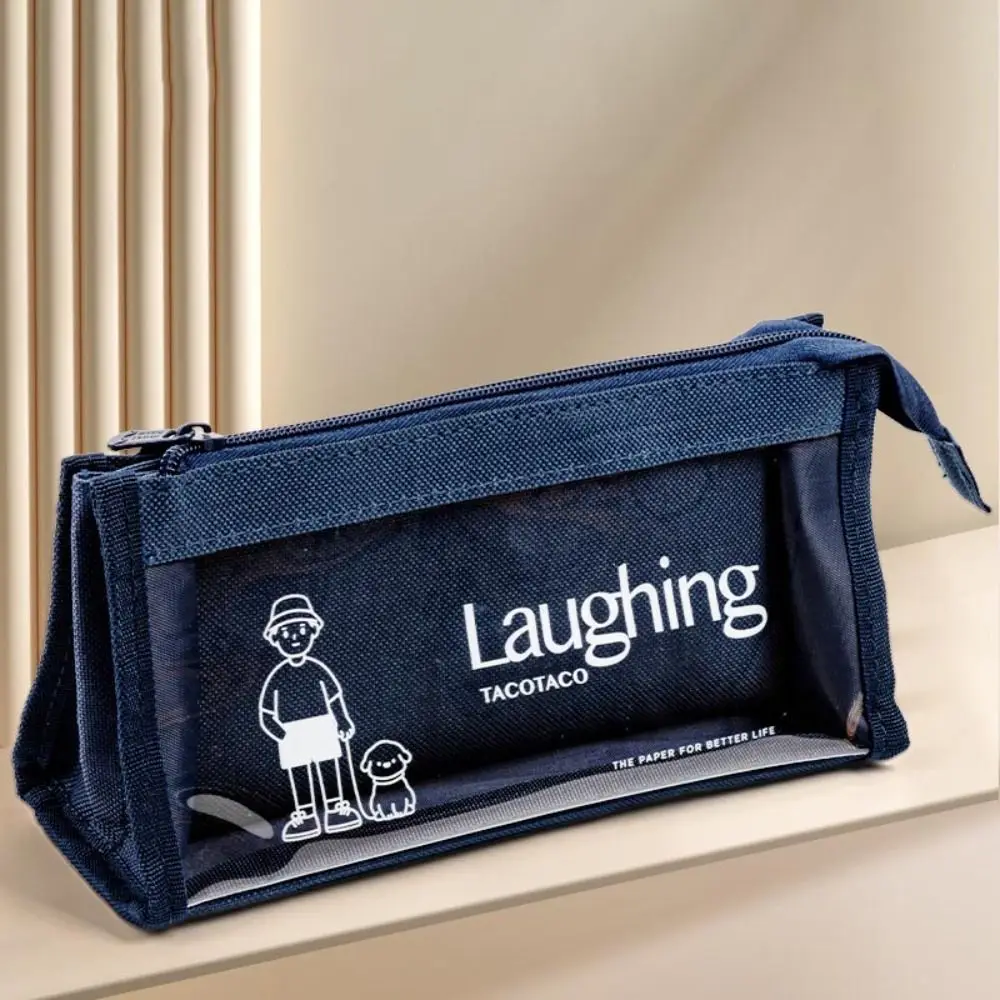 

Multi Layer Canvas Transparent Pencil Case Zipper Minimalist Style Large Capacity Pen Bag Japanese Cartoon Pencil Pouch