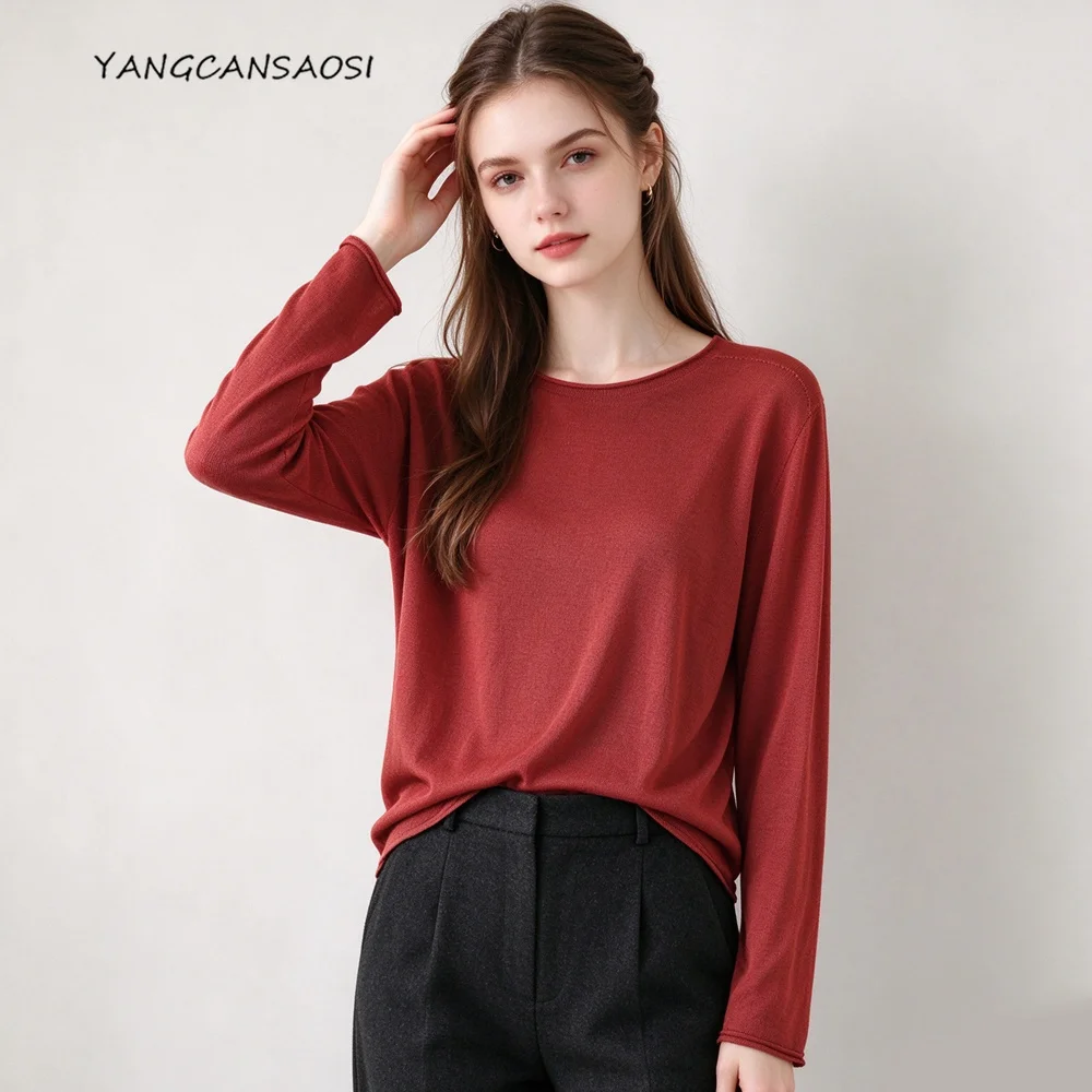 2026 Women's Fashion Autumn New 10% Natural Mulberry Silk Blended Round Neck Comfortable Simple Round Neck Long Sleeve T-shirt