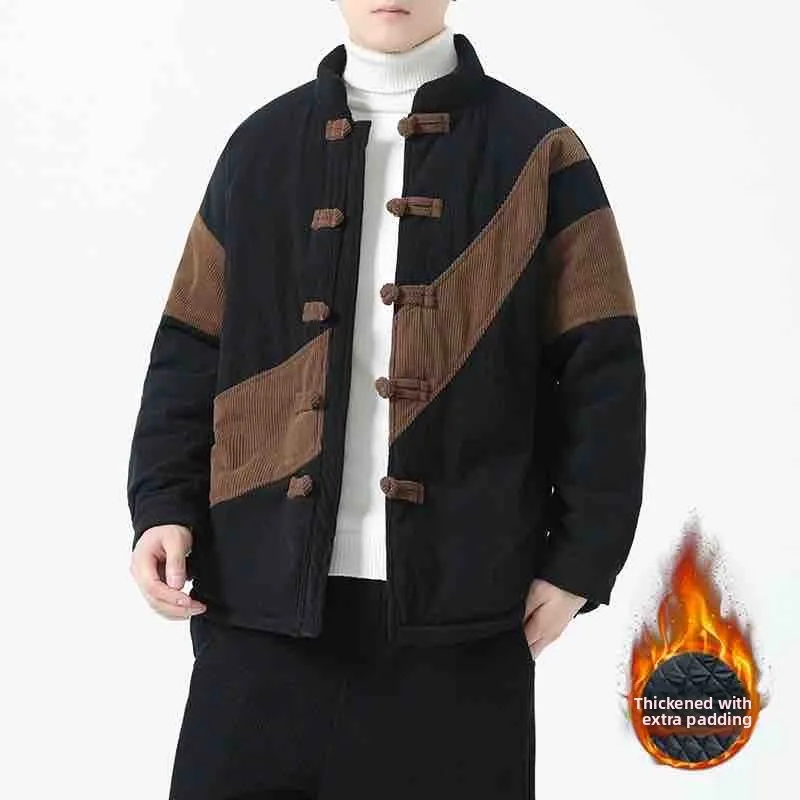 

Утепленная хлопковая куртка в китайском стиле для мужчин, ретро-ханьфу, легкое вельветовое пальто с мозаичным узором, теплое, молодежное, повседневное, с длинными рукавами