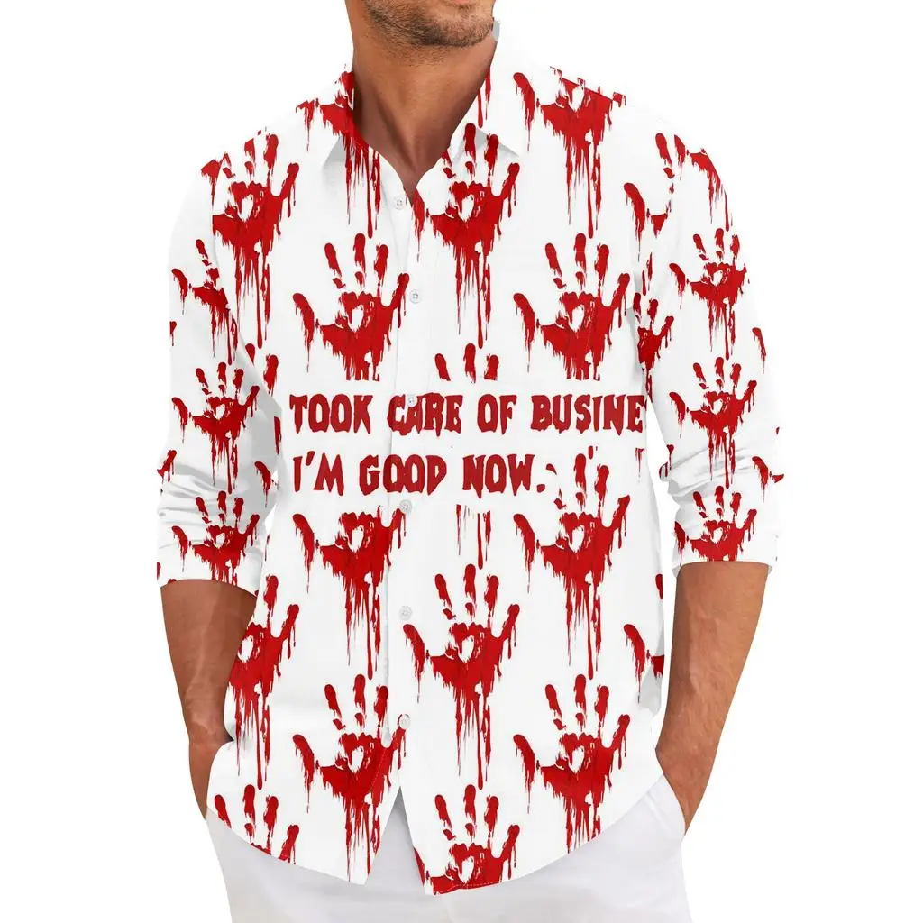 2024 casual lapel Halloween shirt tops men's clothing Hawaiian shirt men's shirt 3d bloody gradient print long sleeve shirt