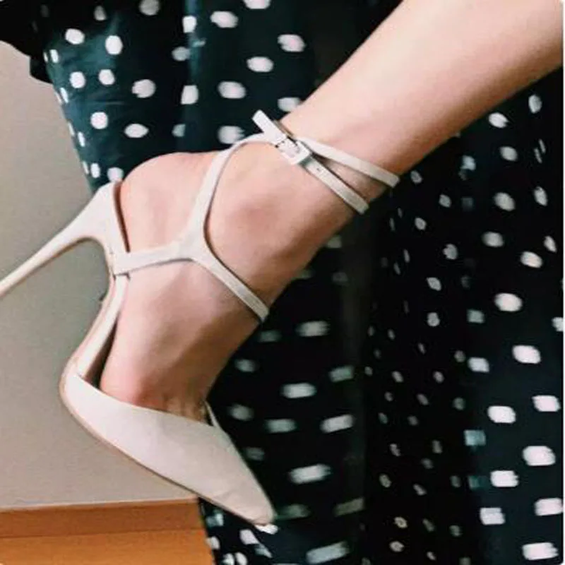 Drop Shipping Women French Style White Black Leather Pointed Toe Shallow Ankle Strap 8 10 CM Thin Heels Sandals Shoes Size 33