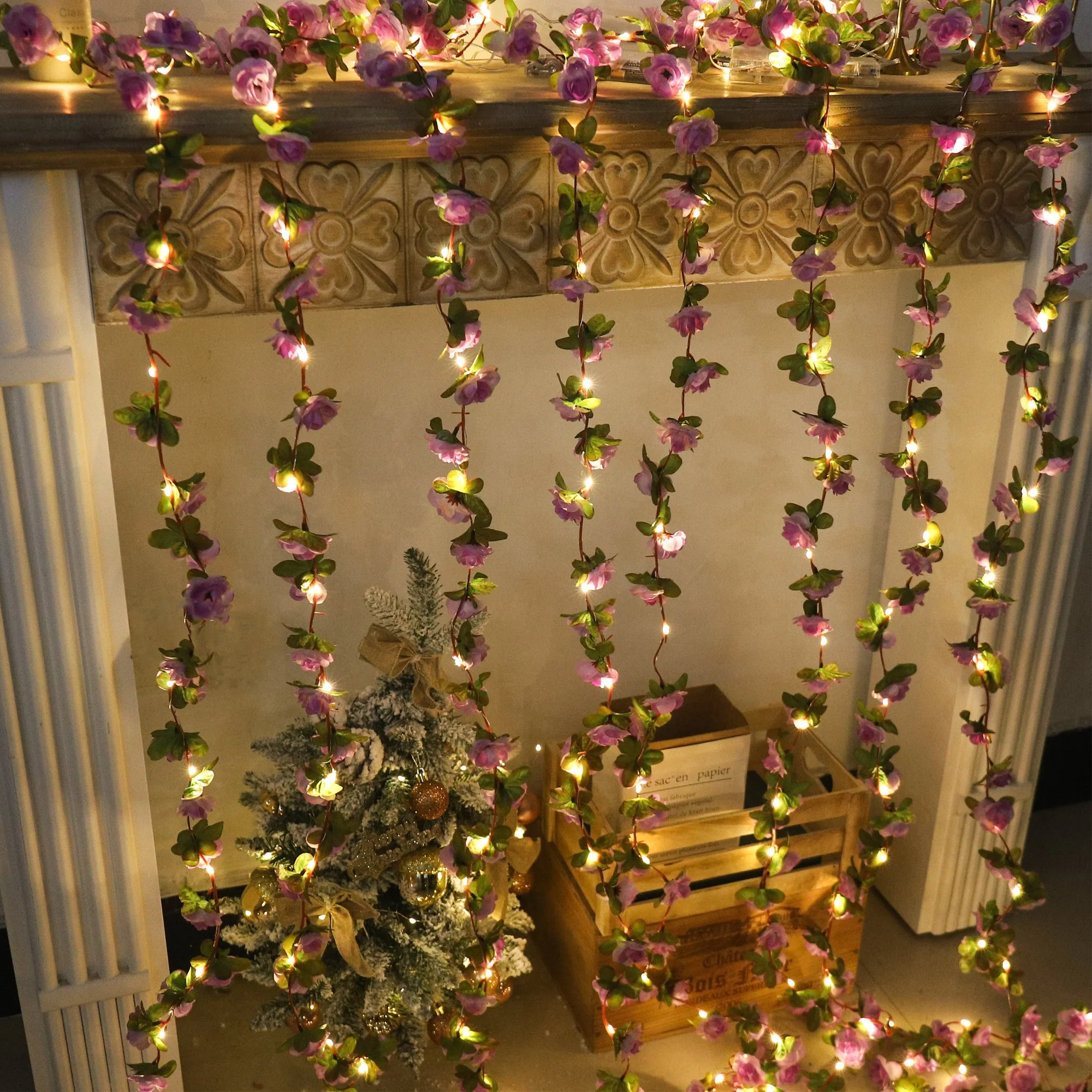 250 cm Rosenrebe mit LED-Leuchten, künstliche Blumen, Hochzeit, Zuhause, Raumdekoration, Frühling, Herbst, Gartenbogen, Weihnachten, Rattanrebe – Detail 5