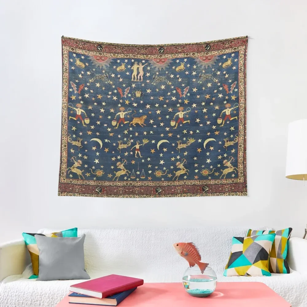 

ANTIQUE PERSIAN CARPET WITH ZODIACAL SIGNS,STARS IN BLUE SKY Tapestry Wall Carpet Custom Tapestry