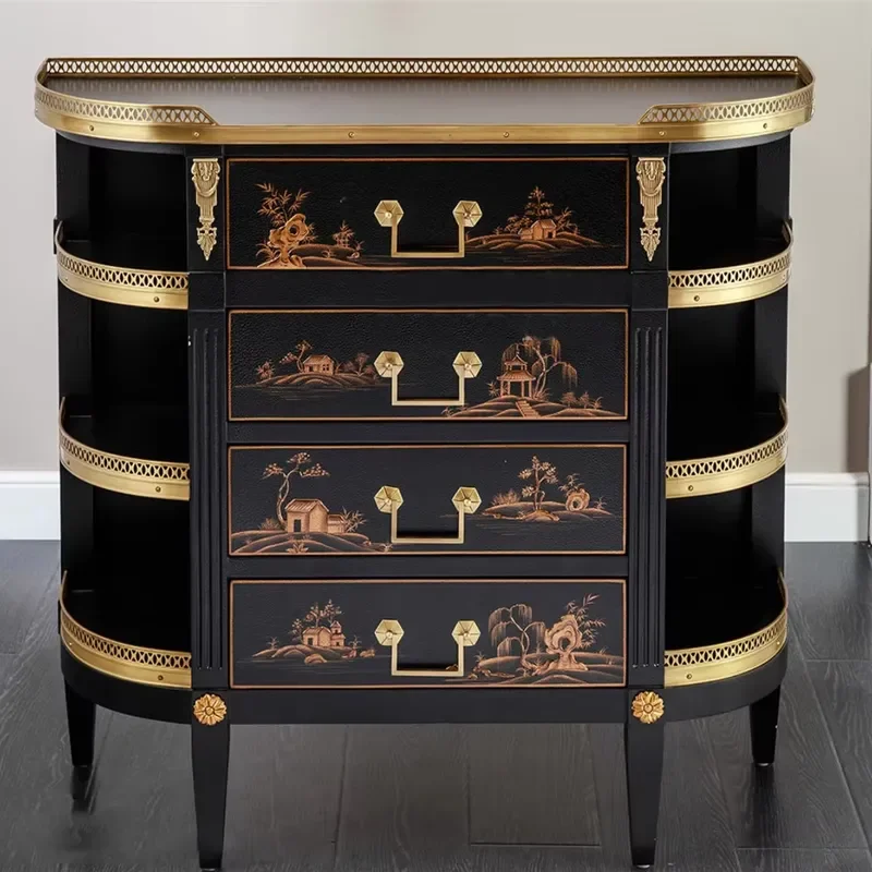 Black Lacquer Hand Painted Wooden Furniture 1020*360*980 Birch+Brass 4-Drawer Display Cabinet