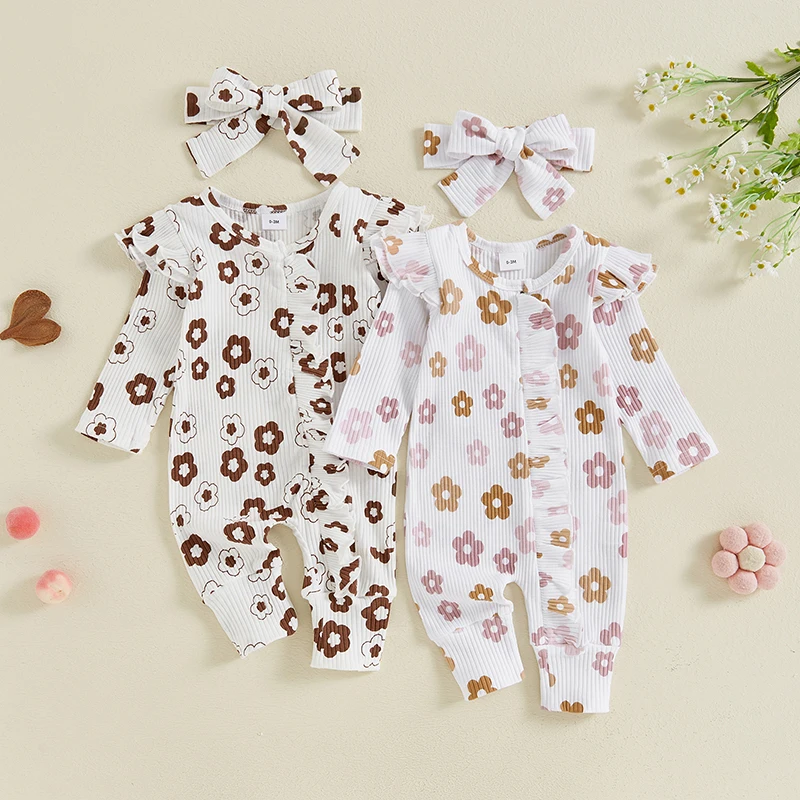 Infant Baby Girls Full Sleeve Rib Cotton Floral Print Romper Playsuit Jumpsuit Headband Newborn Spring Autumn Clothes