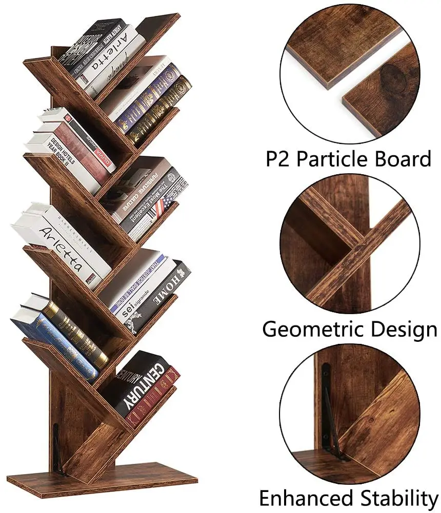 Industrial 9-shelf tree bookshelf, floor standing tree bookcase bookshelves storage rack in home and office