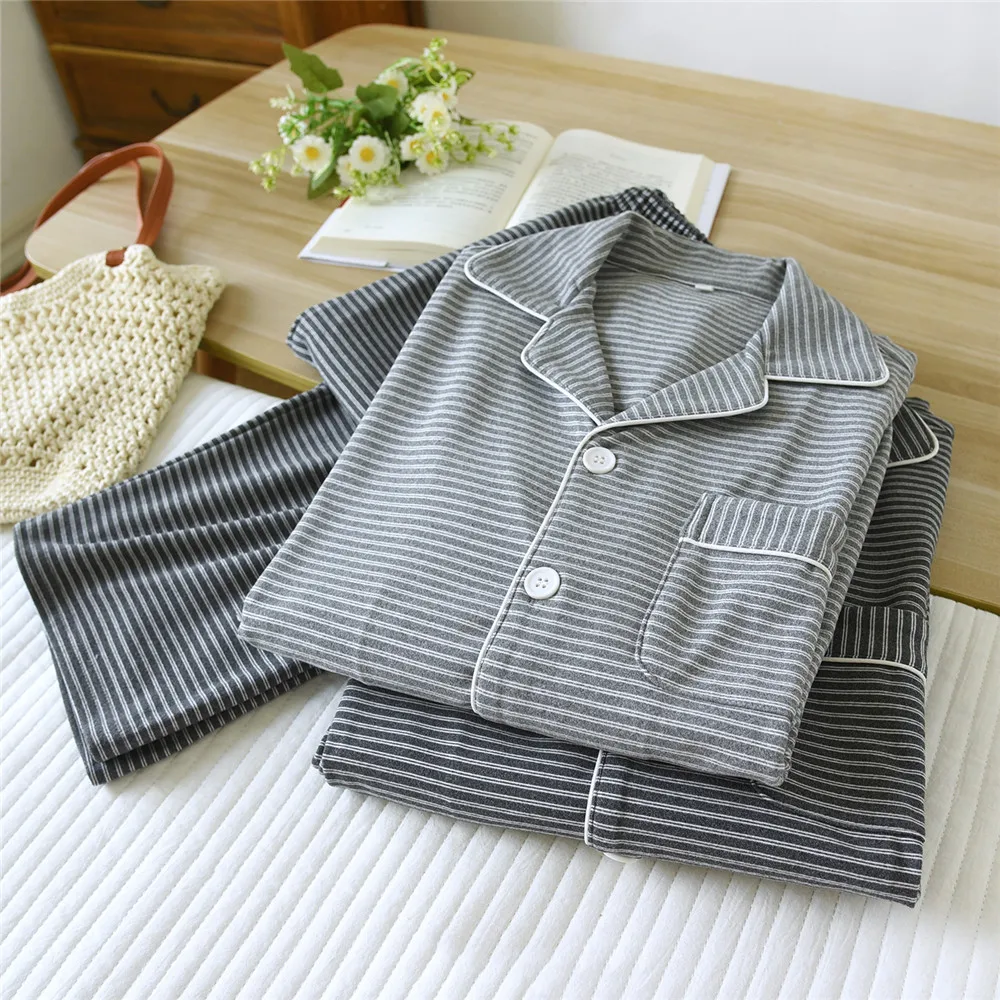 Men's Loose Striped Pajamas Set Autumn German Fleece Home Clothes Long Sleeve Shirt Pants Sleepwear Nightwear Pajamas Set